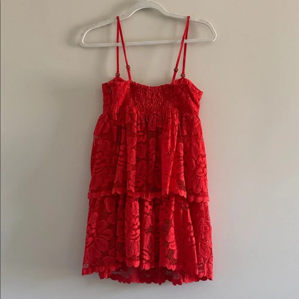 NWT Maeve Anthropologie Strapless Red Lace Tiered Mini Dress Size Small - Picture 10 of 15